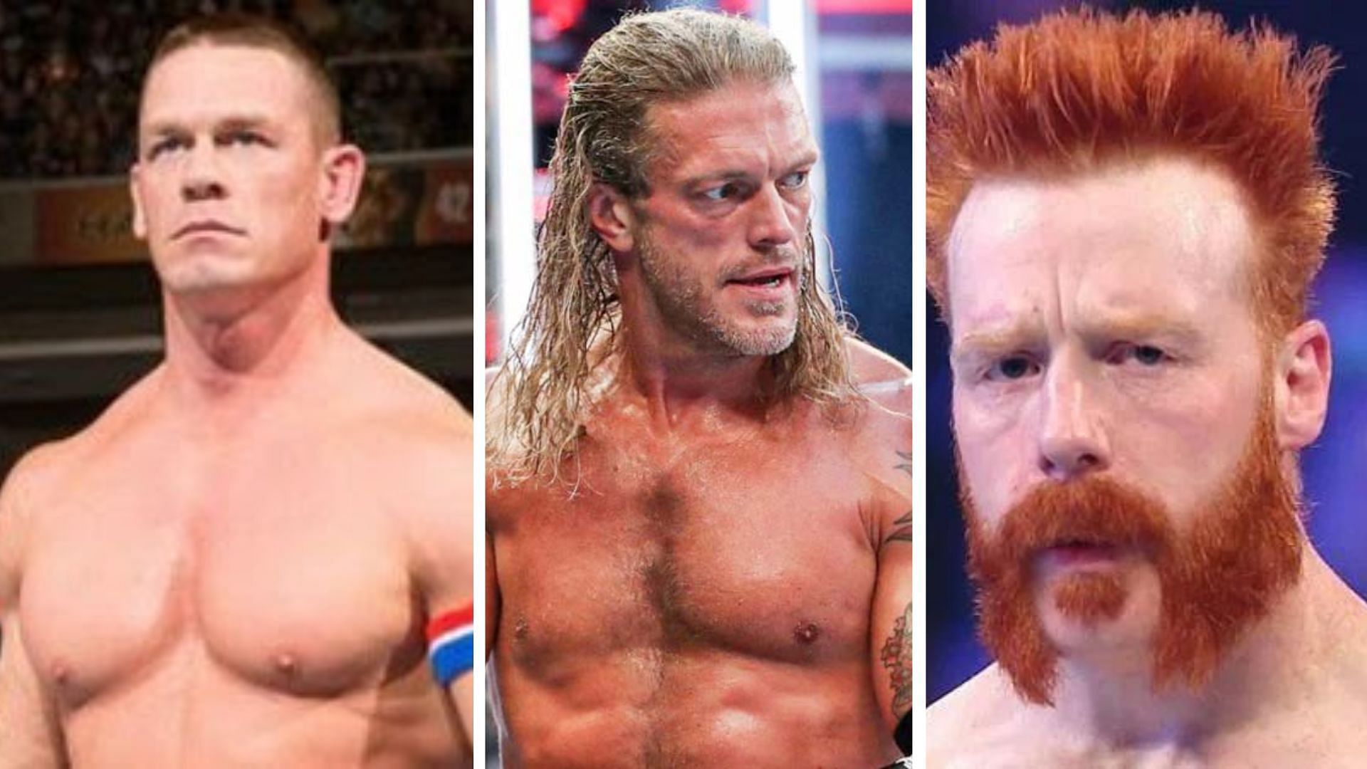 John Cena on left, Edge in the middle, Sheamus on right