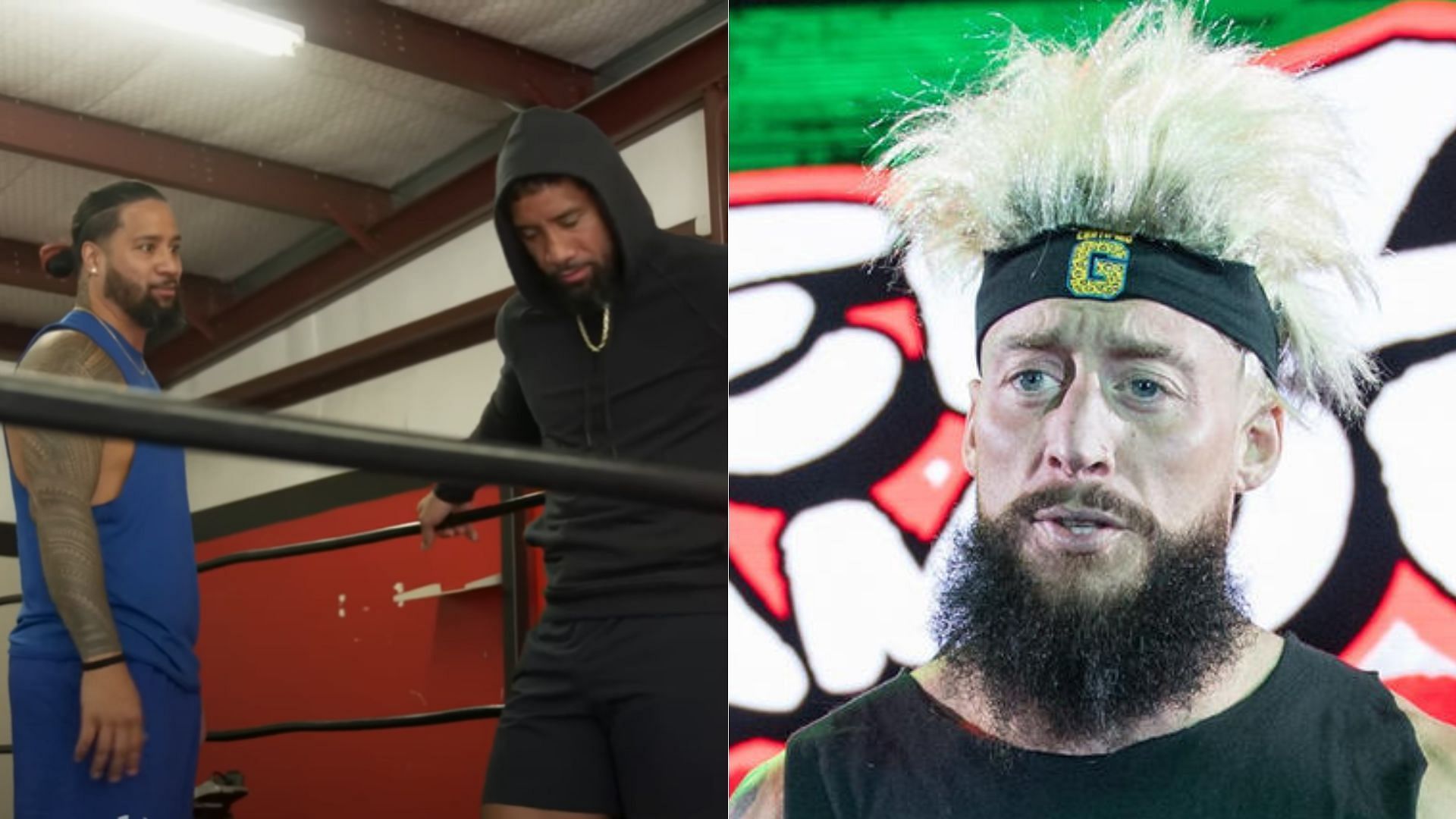 Jimmy Uso and Jey Uso (left); Enzo Amore (right)