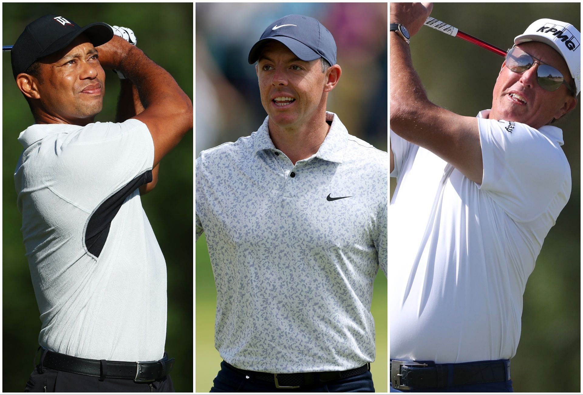 Tiger Woods, Rory McIlroy, and Phil Mickelson (via Getty Images)