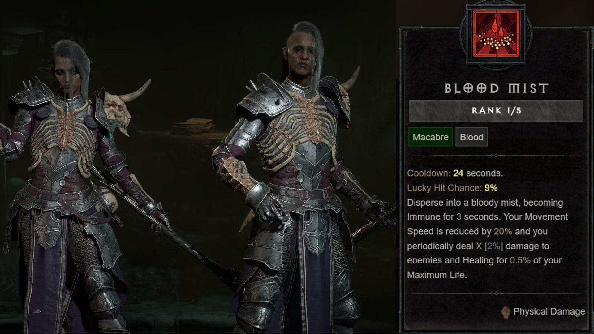 Two Necromancers on the left and Blood Mist Diablo 4 skill description on the right. 
