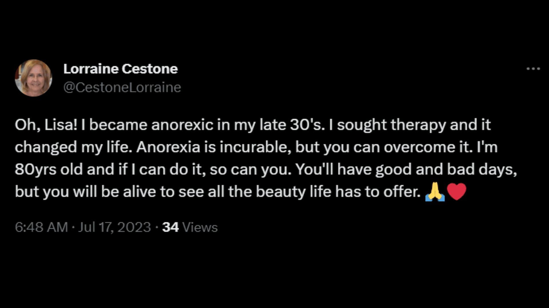 A netizen shares her own experience of anorexia. (Image via Twitter/Lorraine Cestone)