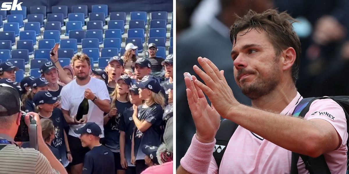 Stan Wawrinka sprays local ball kids with champagne in celebration of 2023 Gstaad doubles title