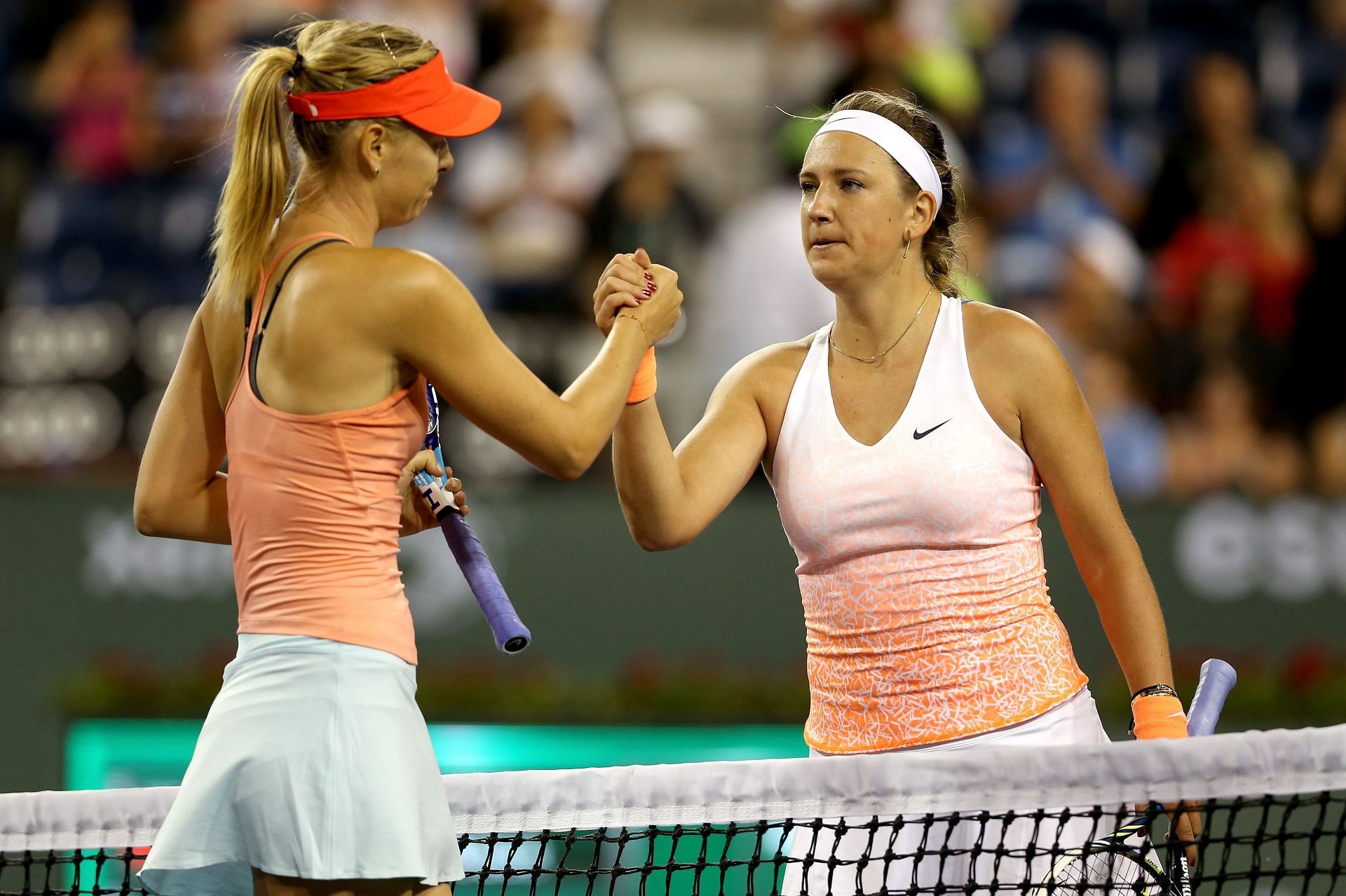 Maria Sharapova and Victoria Azarenka after their match at the 2015 BNP Paribas Open in Indian Wells