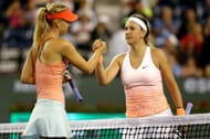 Maria Sharapova and Victoria Azarenka after their match at the 2015 BNP Paribas Open in Indian Wells