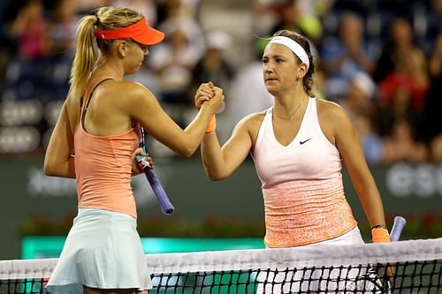 Maria Sharapova and Victoria Azarenka after their match at the 2015 BNP Paribas Open in Indian Wells