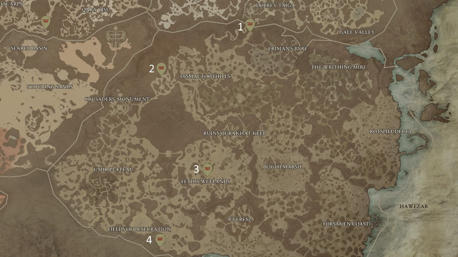 Four Mystery Chests are spread out in Hawezar (Image via mapgenie.io)