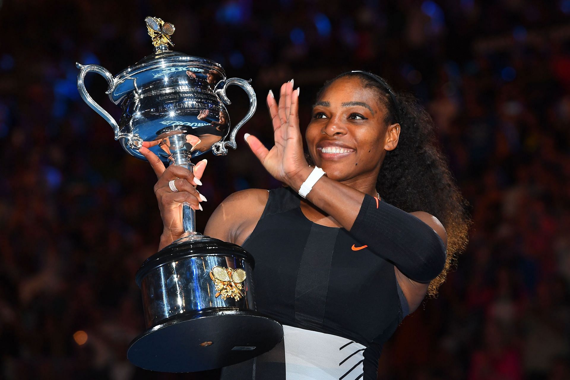 Serena Williams with the 2017 Australian Open trophy