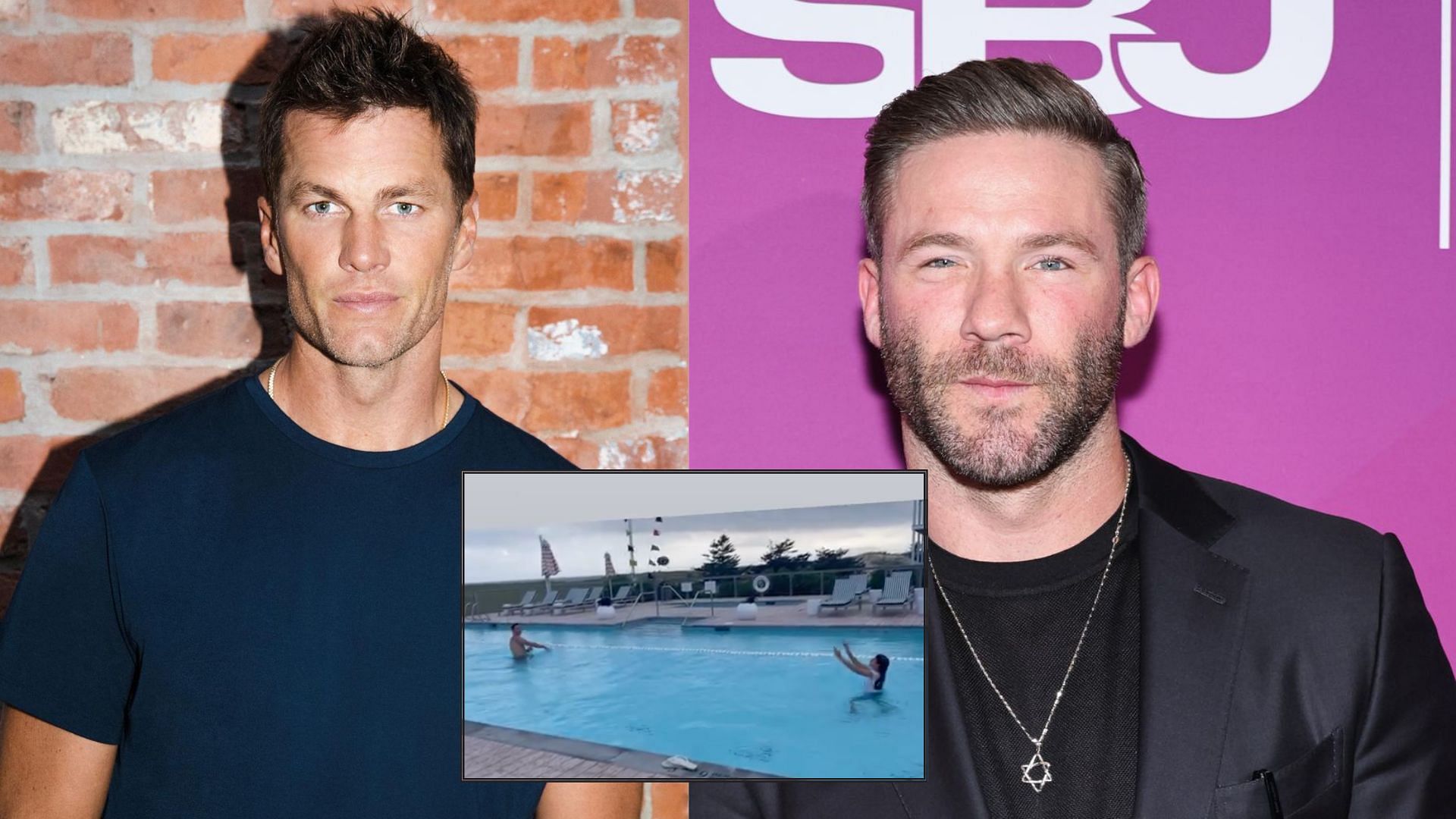 Tom Brady (L) is on vacation with his daughter Vivian (C) looking like Julian Edelman (R)