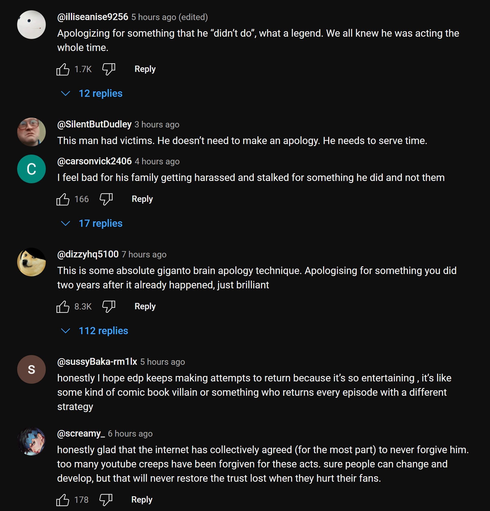 Fans in the YouTube comments section discussing gMoistCr1TiKaL&#039;s take on EDP445&#039;s apology (Image via penguinz0/YouTube)