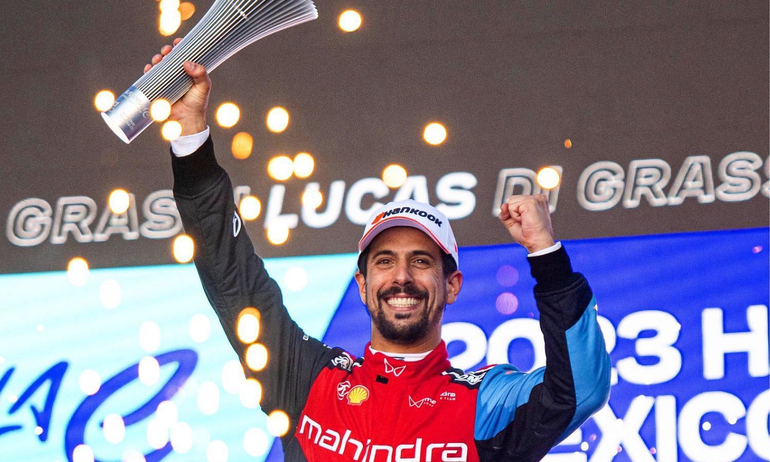 Lucas Di Grassi on the podium at the Mexico ePrix (Images: Mahindra Racing team images)