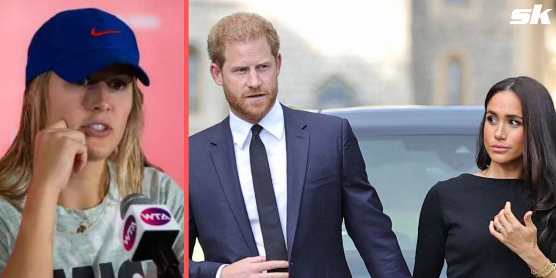 Eugenie Bouchard (L), Prince Harry and Meghan Markle (R)