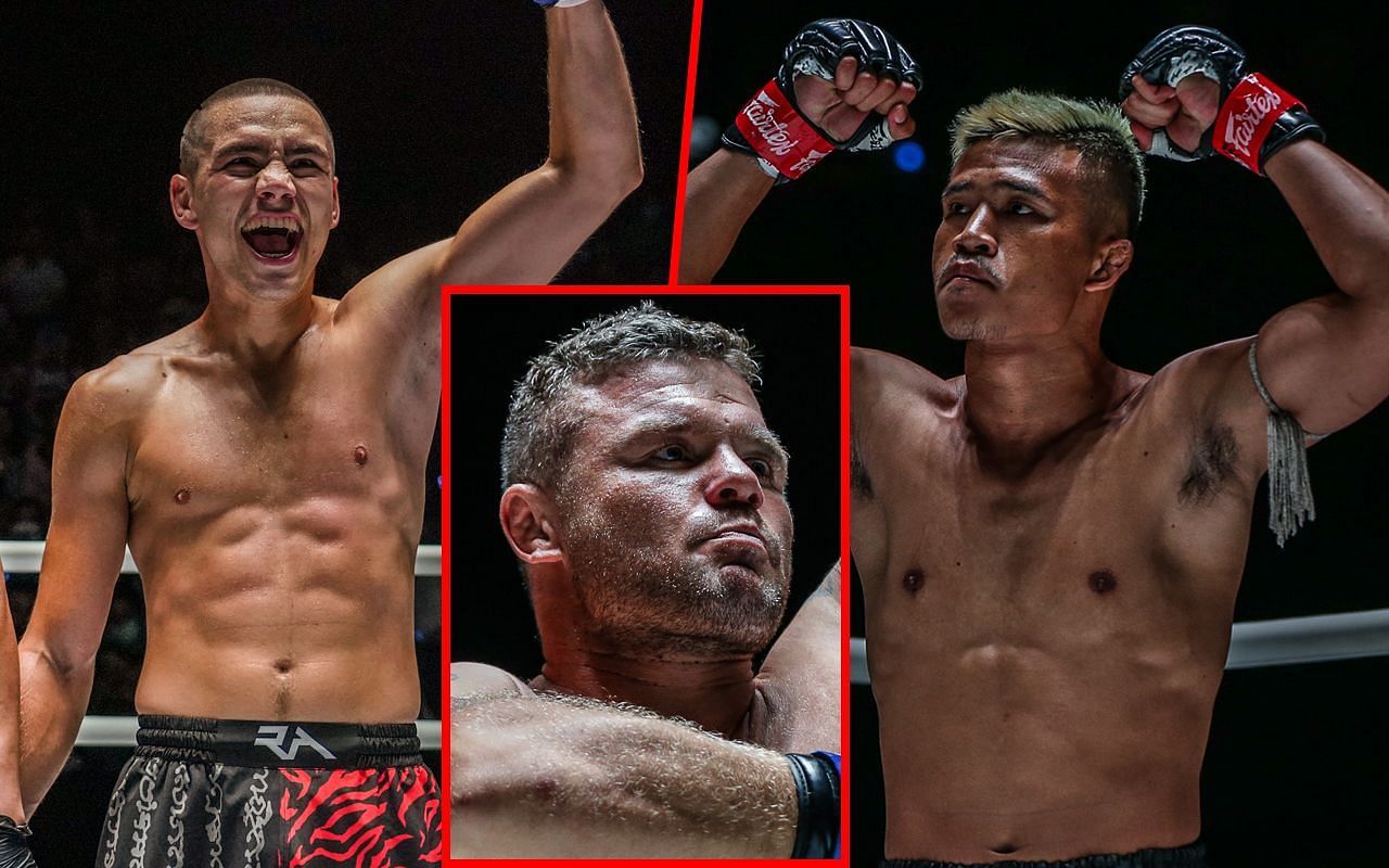 Anatoly Malykhin (Center) is supporting Tagir Khalilov (Left) in his fight with Superlek (Right)