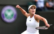 Elina Svitolina celebrates against Victoria Azarenka at the 2023 Wimbledon Championships.