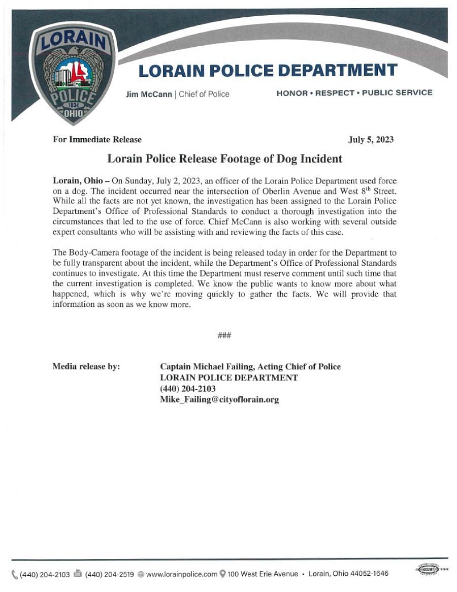 The Loraine Police Department Statement Regarding the Elliott Palmer Incident