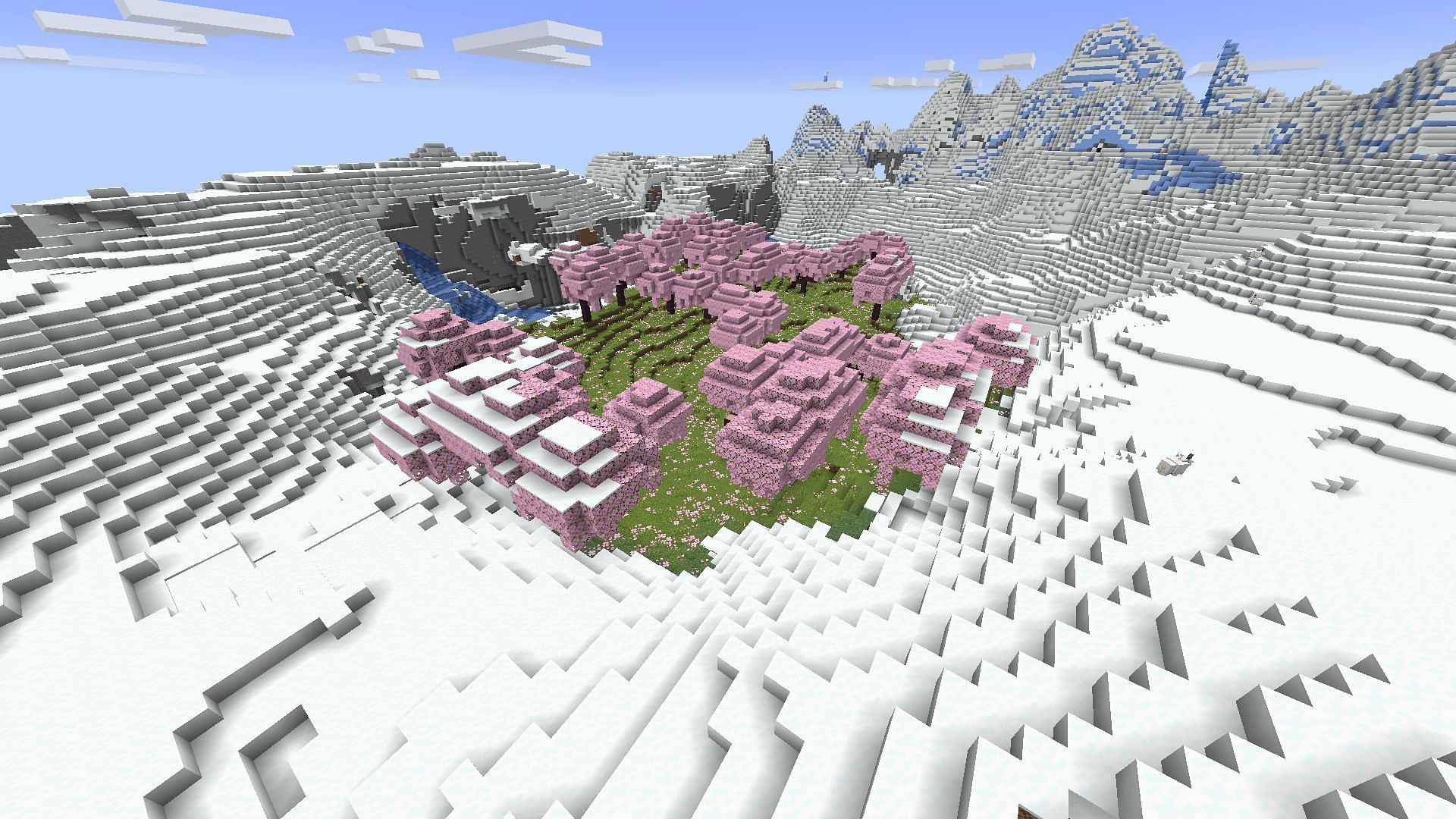 A small Cherry Grove biome surrounded by icy mountains in Minecraft (Image via Mojang)