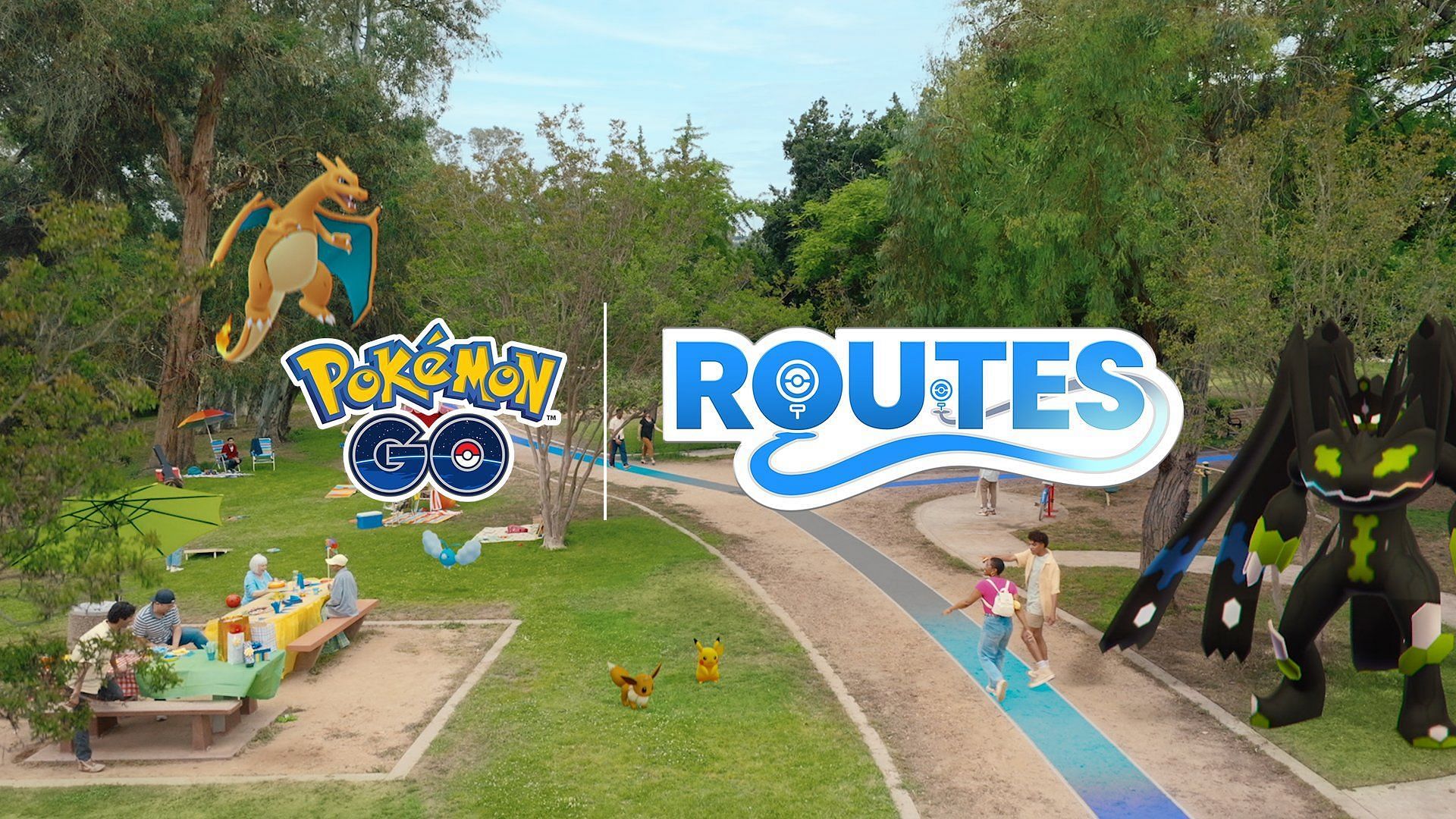 Pokemon GO logo and Routes logo with park background