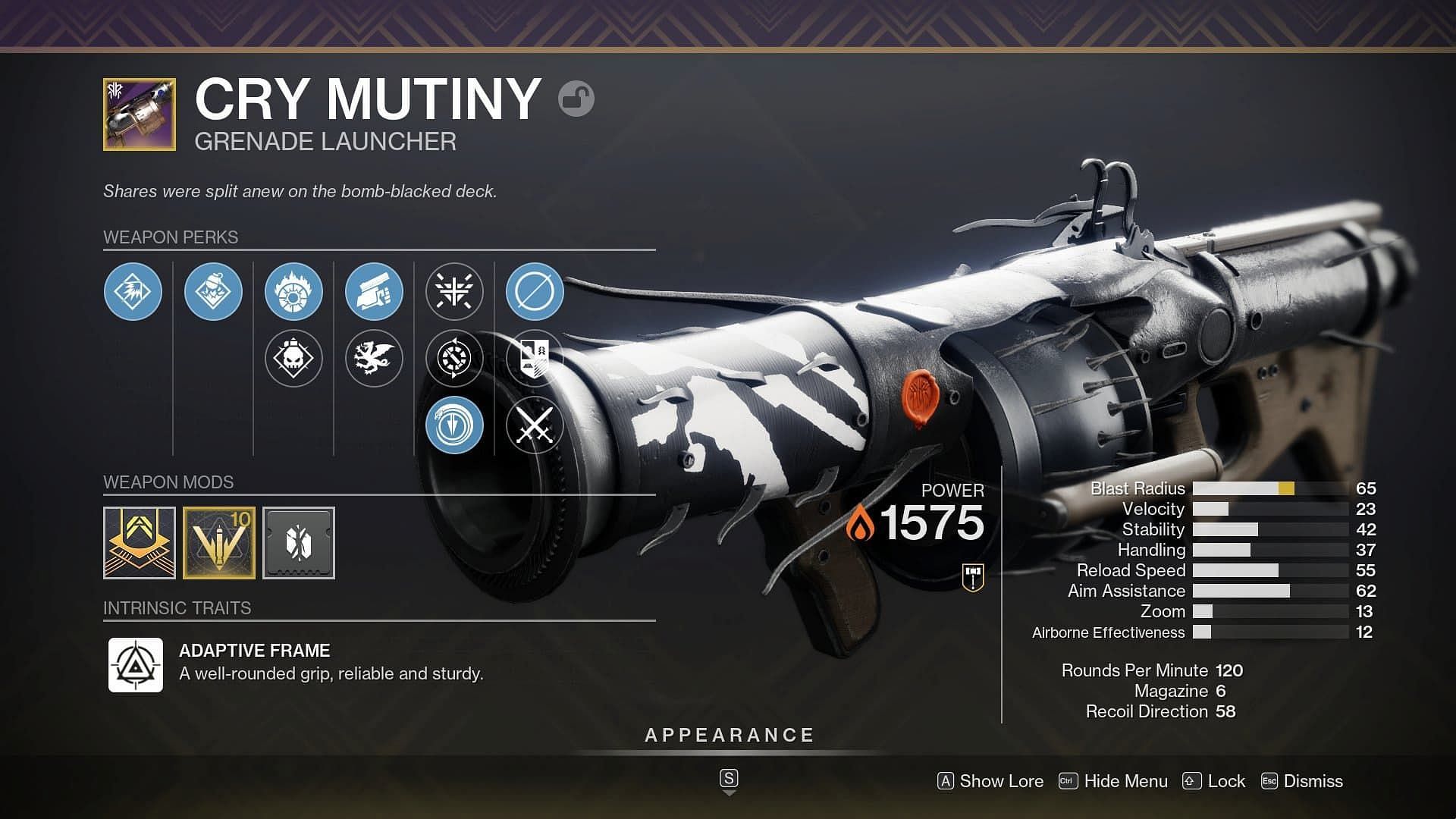 Cry Mutiny is a Solar grenade launcher (Image via Bungie)
