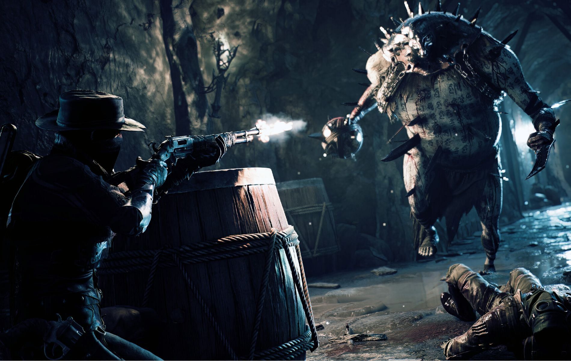 Promotional screenshot for Remnant 2 featuring a player shooting at a massive enemy from behind a barrel