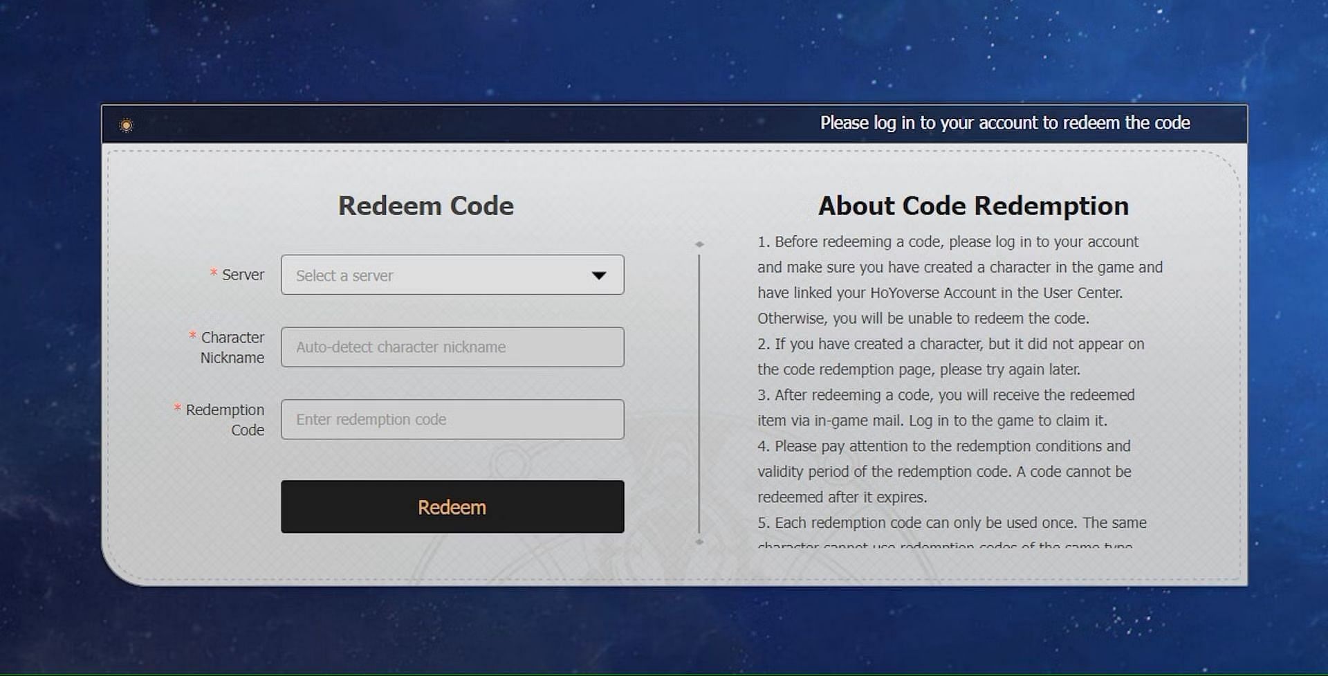 Screenshot of the official website to redeem codes. (Image via Sportskeeda)