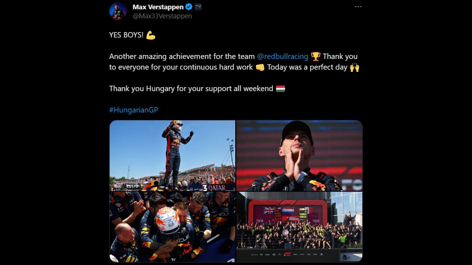 Image of Max Verstappen&#039;s tweet after winning the 2023 F1 Hungarian Grand Prix (Image via Sportskeeda)