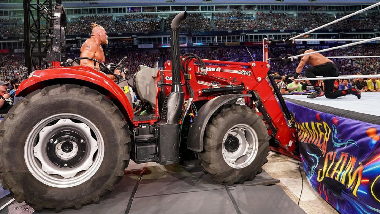 Lesnar uprooting the ring with his tractor