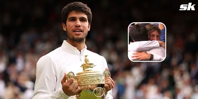 Watch: Carlos Alcaraz's coach Juan Carlos Ferrero in tears as Spaniard celebrates Wimbledon win over Novak Djokovic with warm embrace
