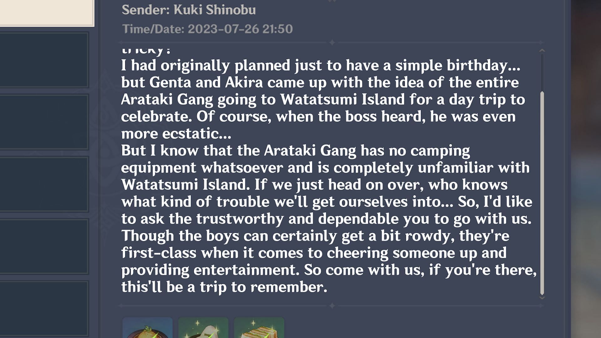 Most of Kuki Shinobu&#039;s letter (Image via HoYoverse)