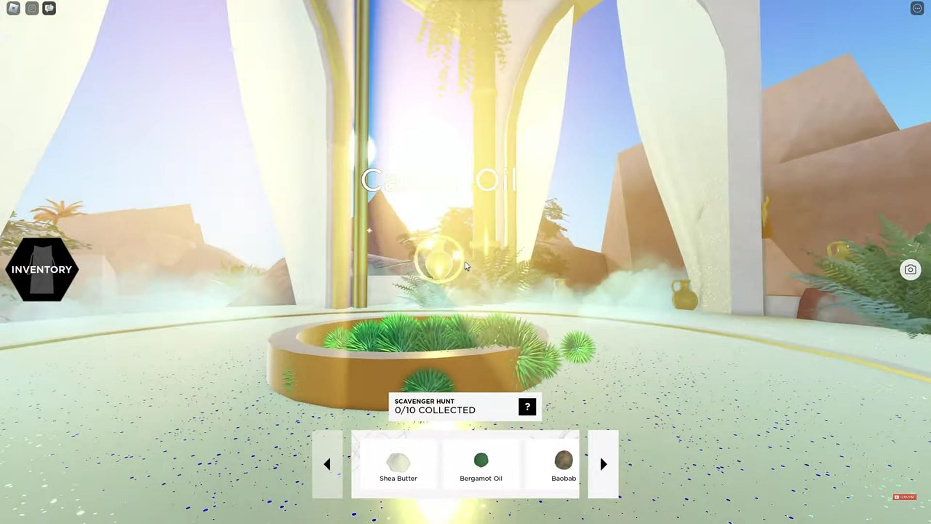 Castor Oil in the middle of the chamber above a miniature garden in Roblox Fenty Beauty + Skin Experience (Image via Conor3D/YouTube)