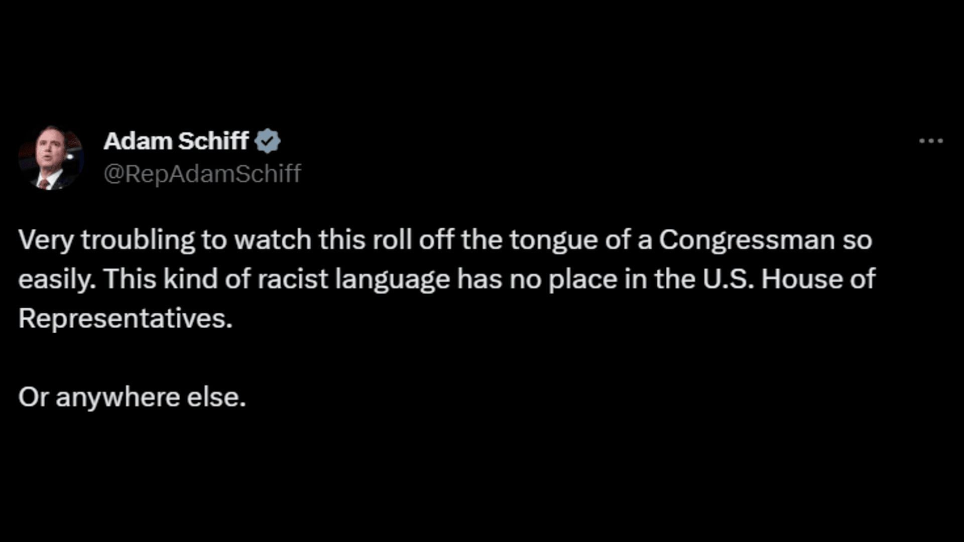 A tweet saying how Crane&#039;s remarks were troubling. (Image via Twitter/Adam Schiff)