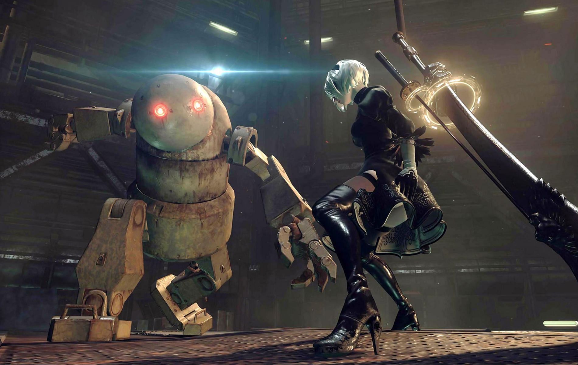 Official promotional screenshot for NieR Automata featuring 2B battling a robot