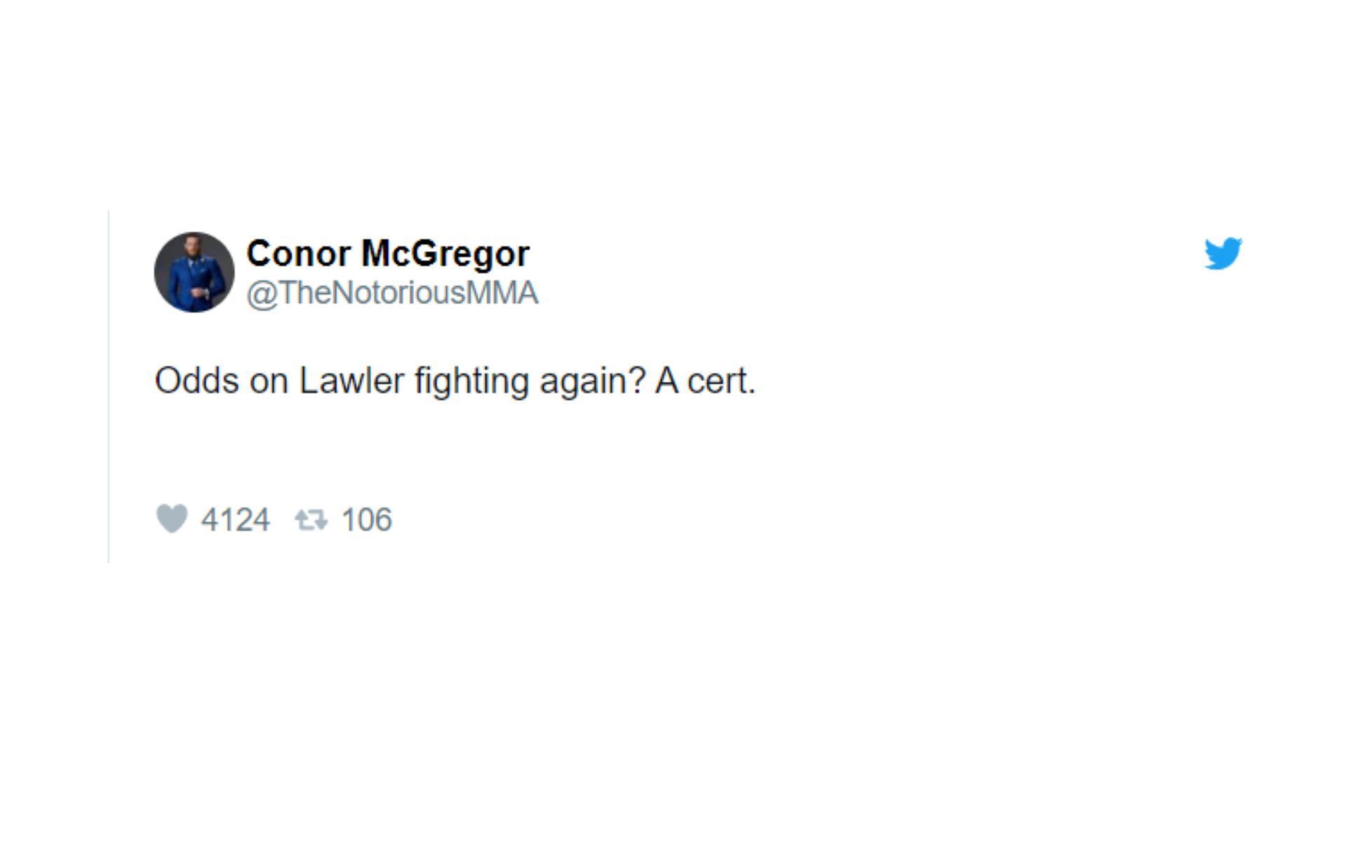 Conor McGregor reacts to Lawler&#039;s retirement announcement 
