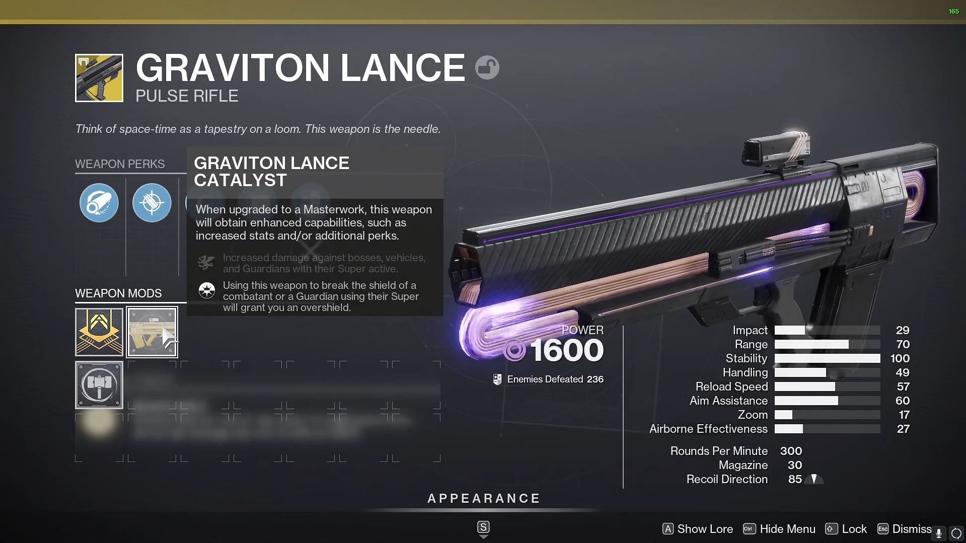 Graviton Lance catalyst perk (Image via Bungie)