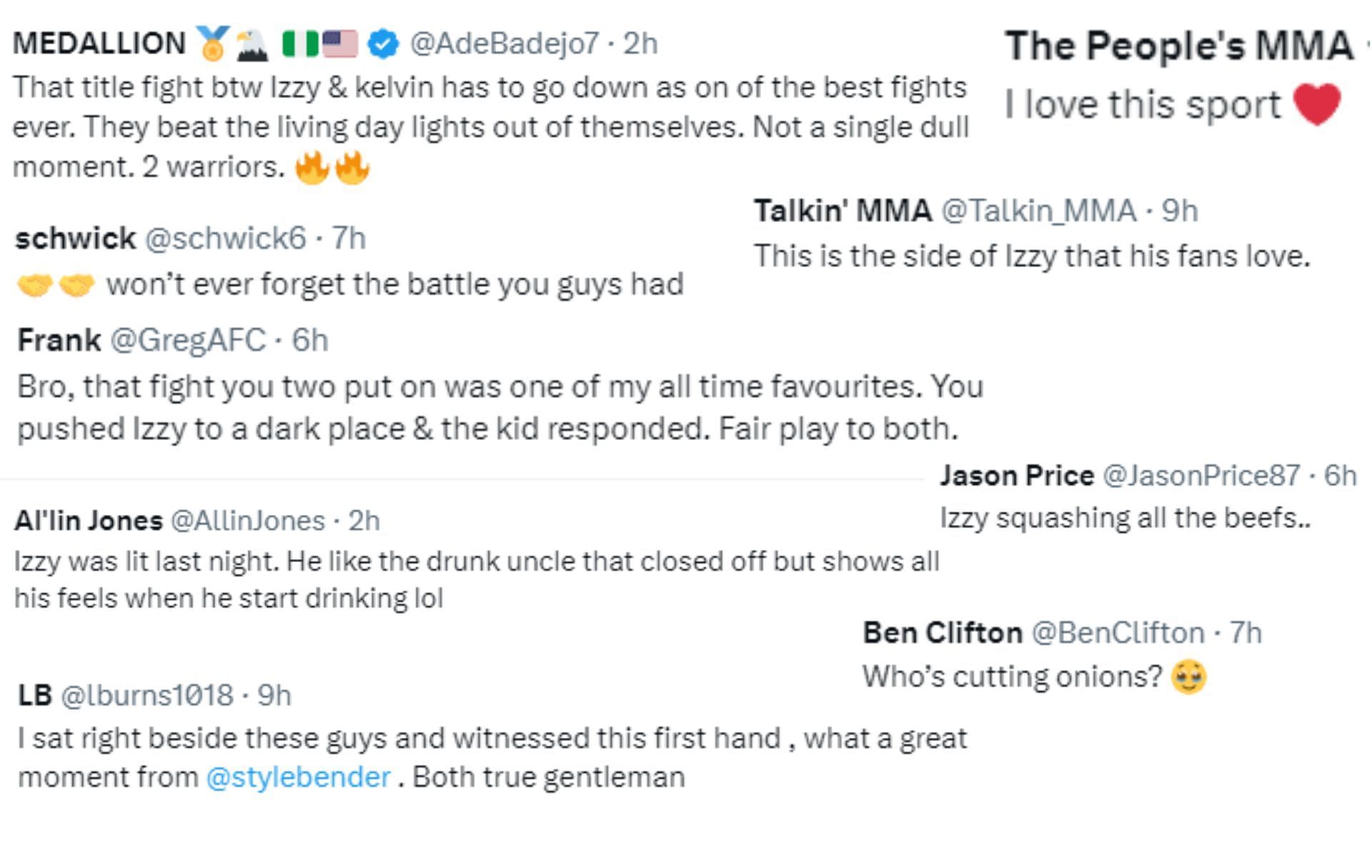 Screenshots of fan reactions to the Adesanya-Gastelum interaction