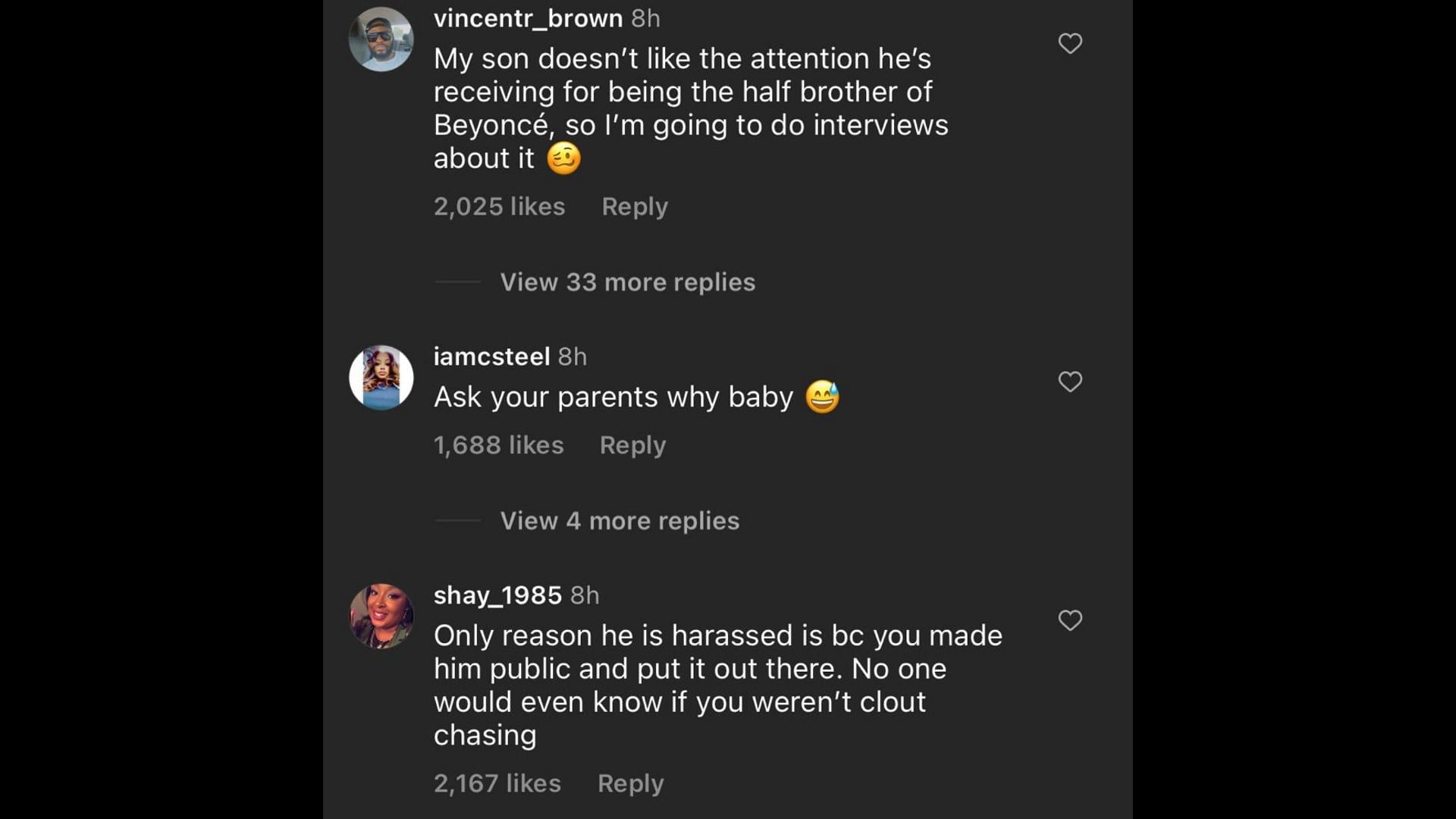 Screenshot of Internet users remarking on Nixon Knowles&#039;s plea for Queen Bey. (Photo via @theneighborhoodtalk/Instagram)