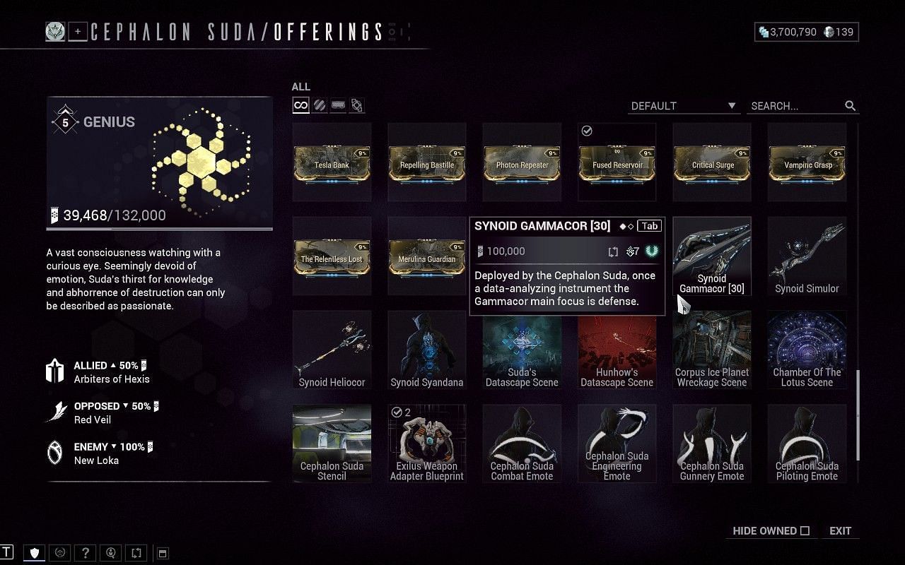 Warframe Synoid Gammacor can be purchased from Cephalon Suda (Image via Digital Extremes)