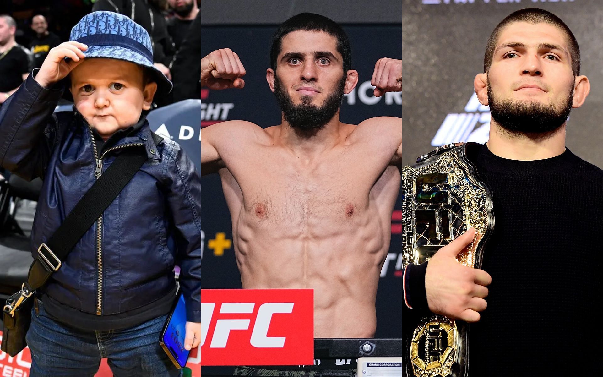 Hasbulla, Islam Makhachev and Khabib Nurmagomedov [Image credits: Getty Images  and @HasbullaHive on Twitter]