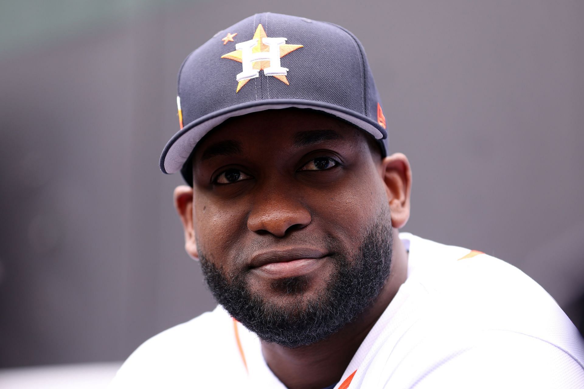 Yordan Alvarez of the Houston Astros speaks to the media during Gatorade All-Star Workout Day.