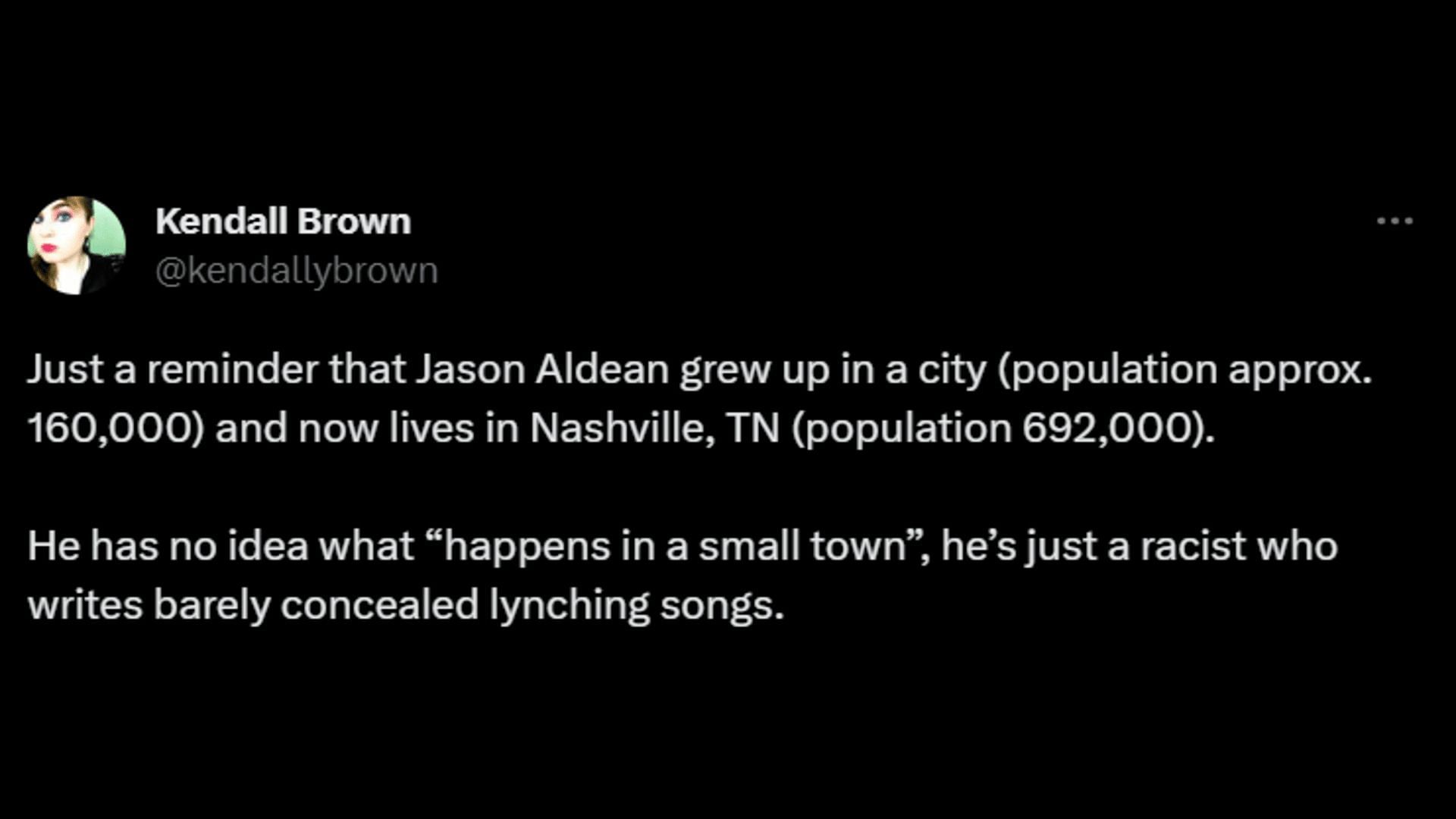 A netizen calling Aldean racist. (Image via Twitter/Kendall Brown)