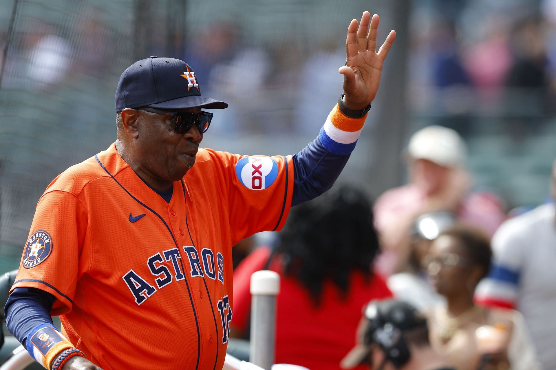 Manager Dusty Baker Jr. of the Houston Astros waves after defeating the Atlanta Braves at Truist Park