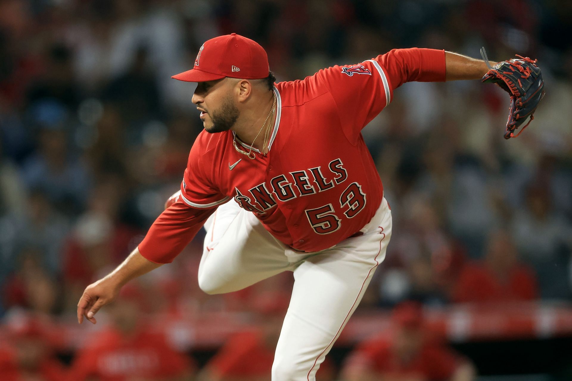 Carlos Estevez #53 of the Los Angeles Angels pitches during a game against the New York Yankees at Angel Stadium of Anaheim on July 18, 2023 in Anaheim, California. (Photo by Sean M. Haffey/Getty Images)