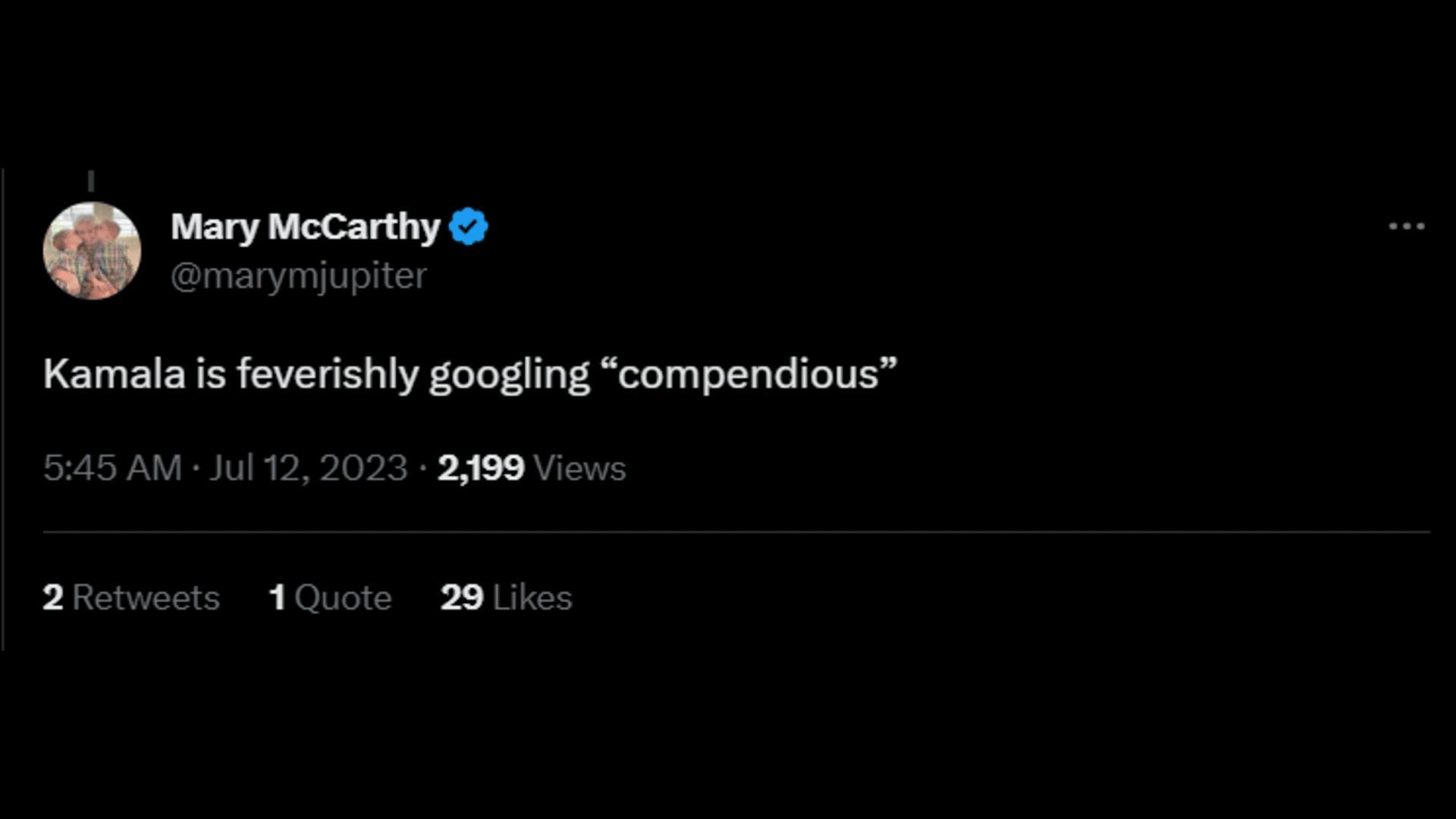 An internet user saying how Harris has to google the word &quot;compendious.&quot; (Image via Twitter/Mary McCarthy)