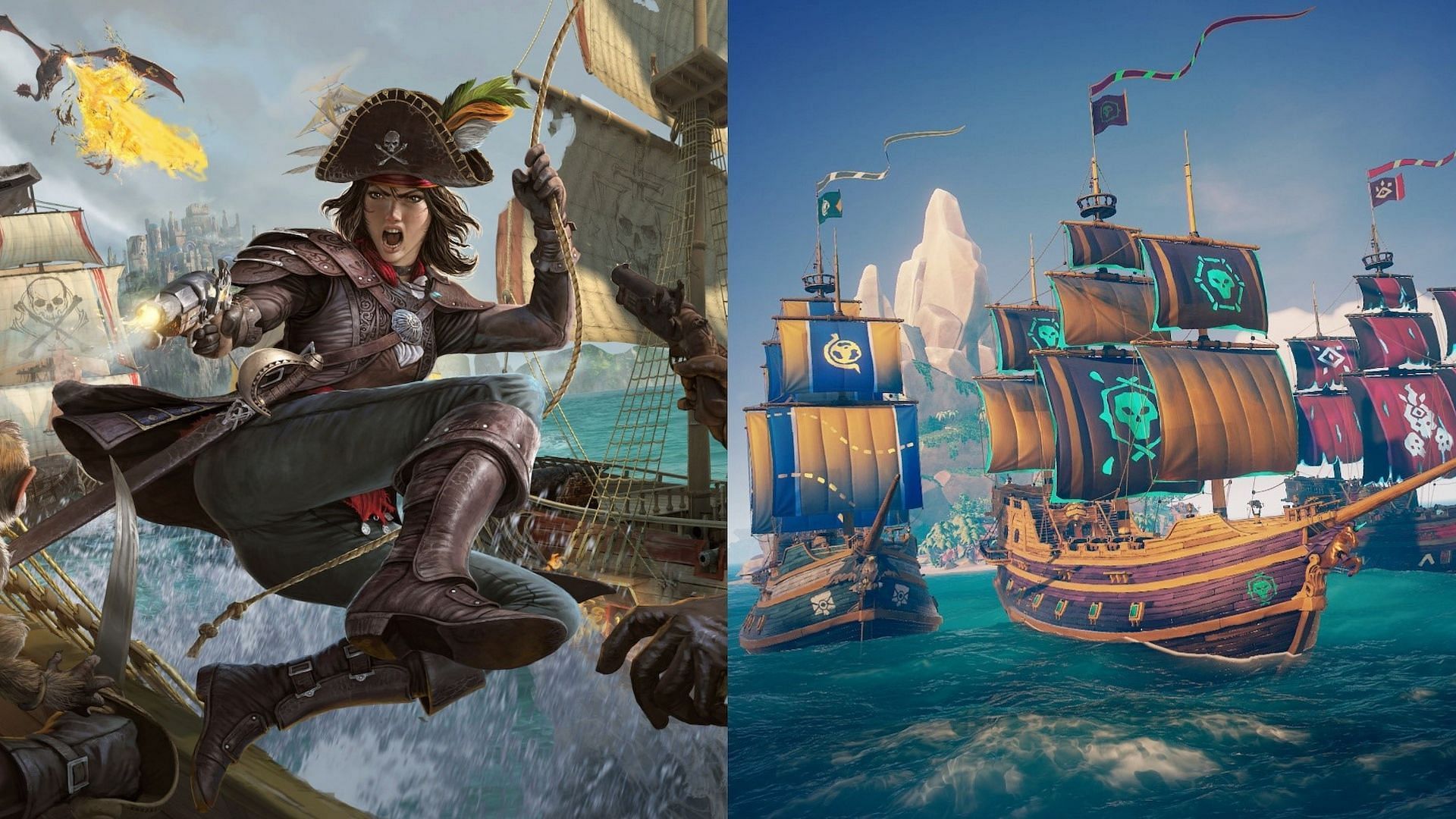 A character in Atlas on the left and ships from Sea of Thieves on the right.