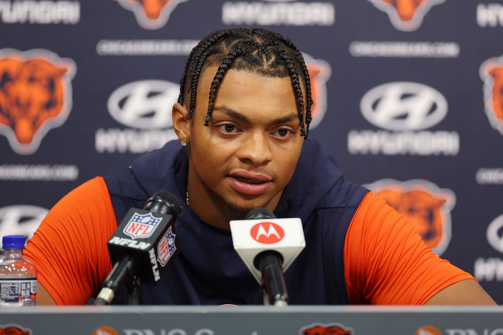 Justin Fields #1 of the Chicago Bears speaks to the media during minicamp at Halas Hall on June 15, 2023, in Lake Forest, Illinois.