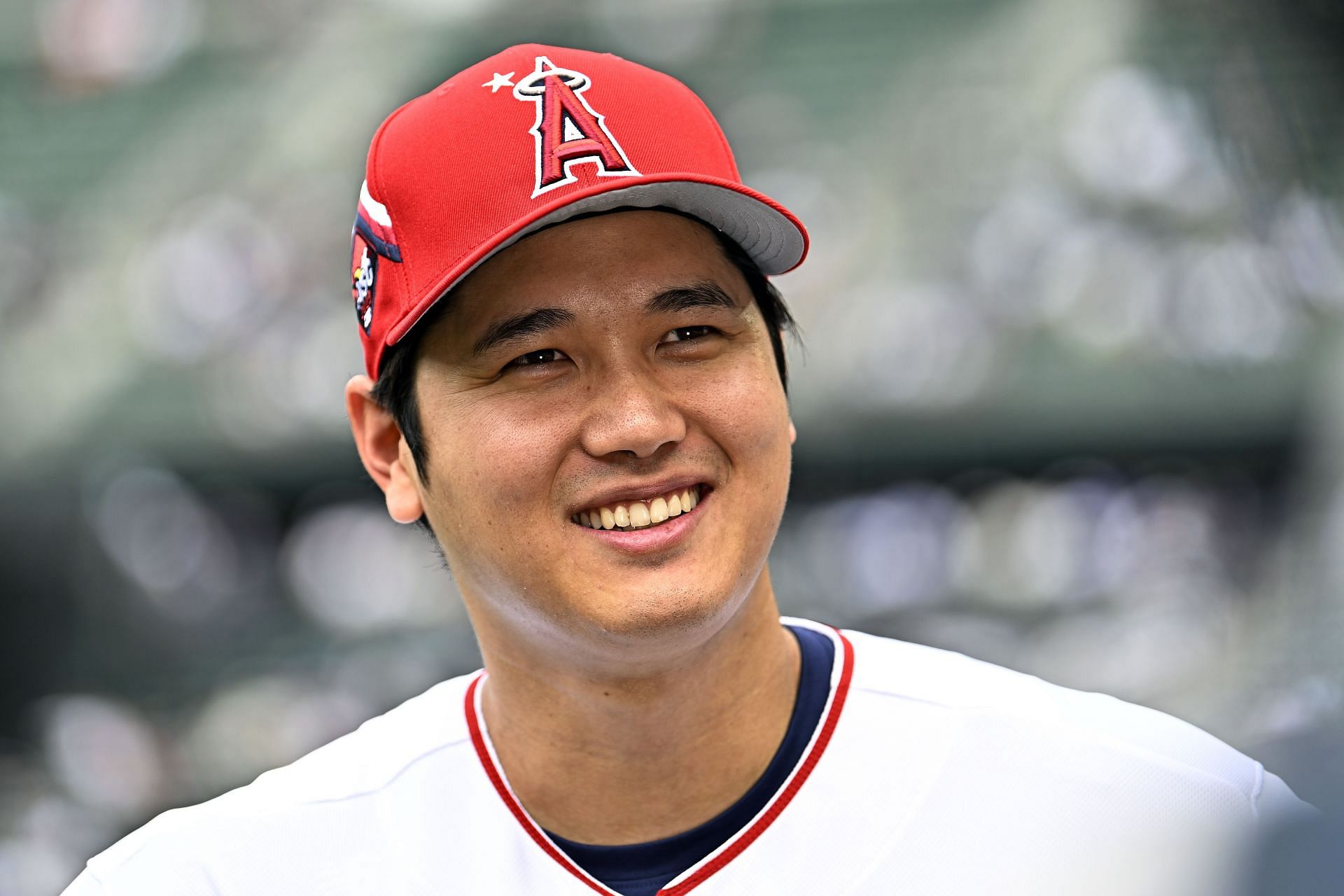 Shohei Ohtani of the Los Angeles Angels looks on during Gatorade All-Star Workout Day at T-Mobile Park