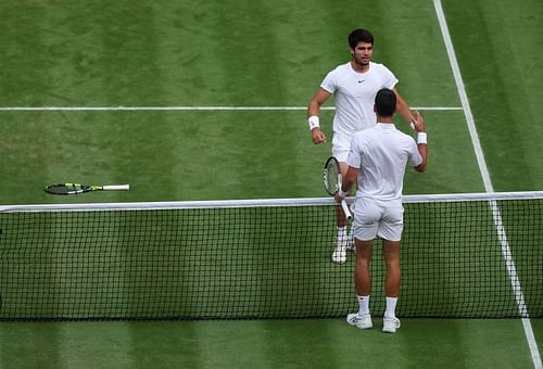 Alcaraz (facing) broke through Djokovic's Wimbledon bastion on Sunday.