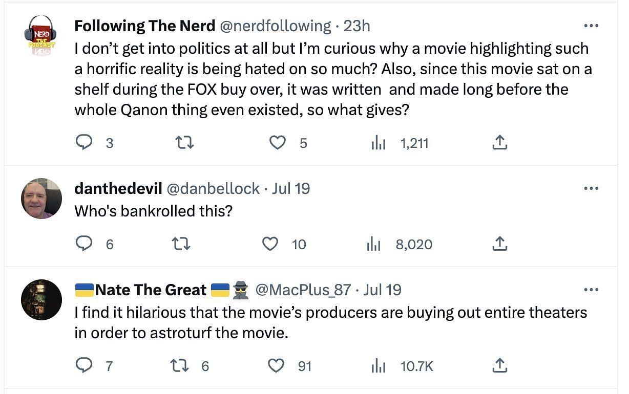 Social media users claim that the movie made on Tim Ballard is astroturfing as tickets across the country are sold out, but theatres are found to be empty. (Image via Twitter)