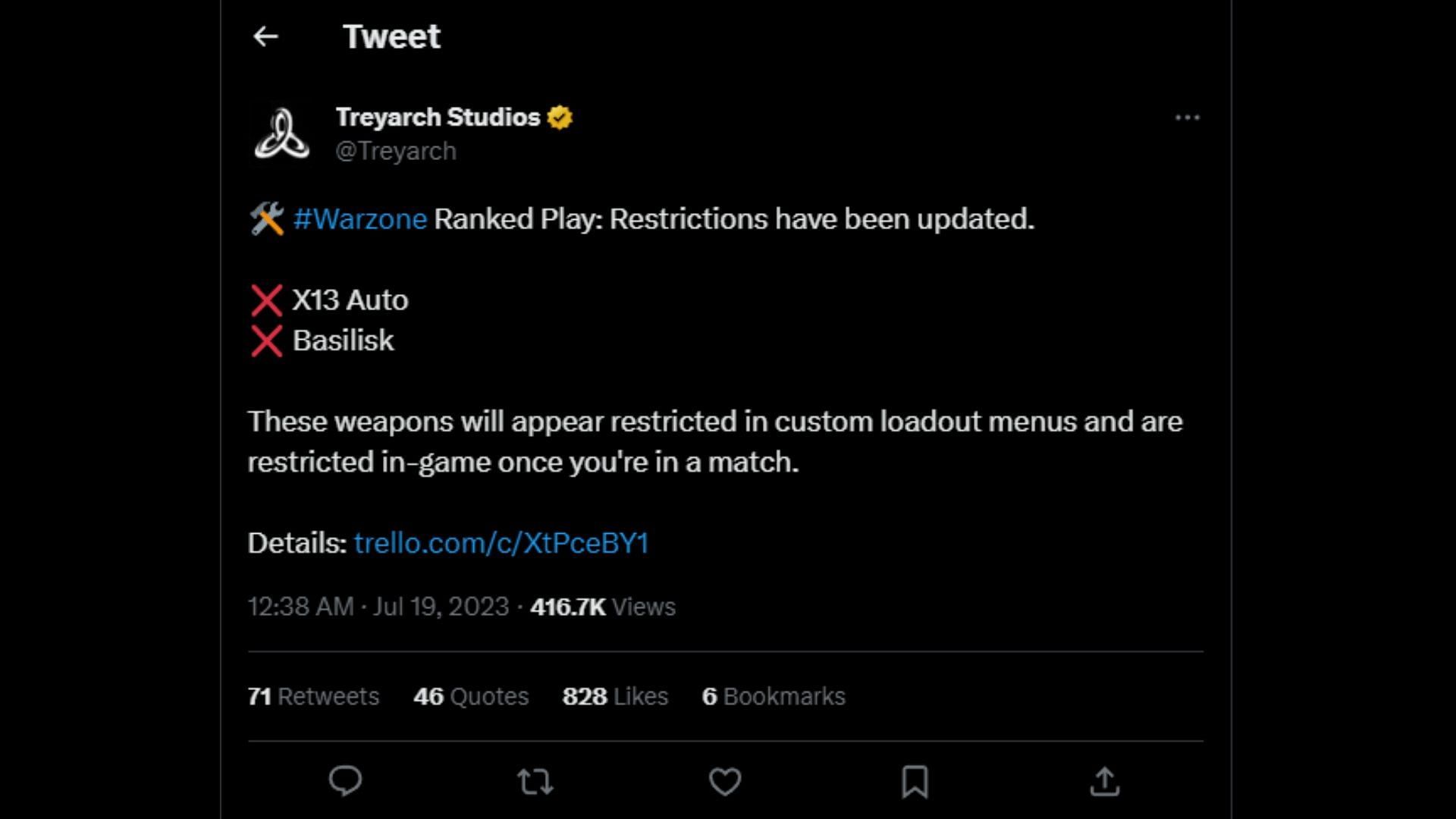 Treyarch Studios announces removal of X13 Auto and Basilisk from Ranked Play in Warzone 2 (Image via Twitter)