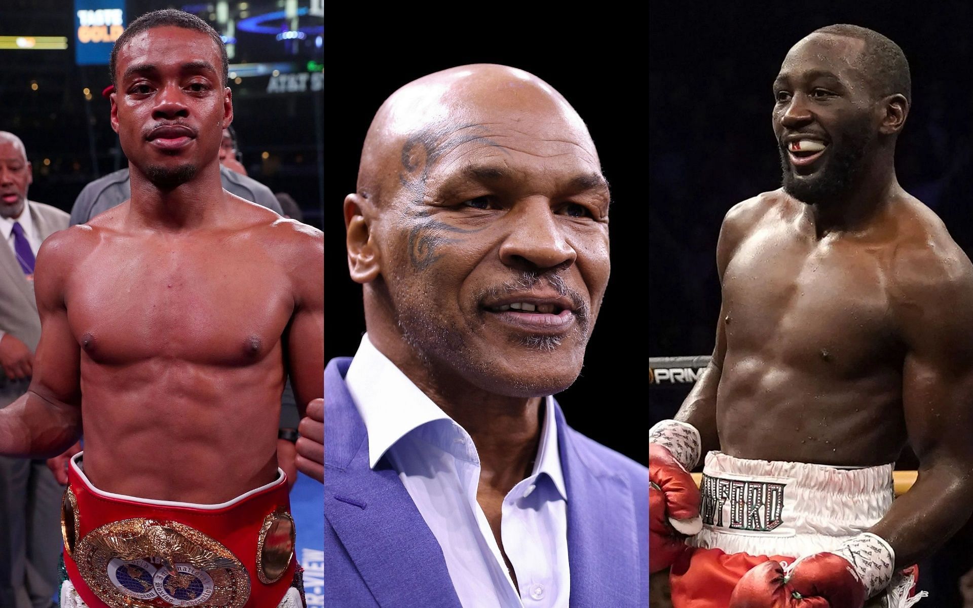 Errol Spence Jr. (L), Mike Tyson (M), and Terence Crawford (R).