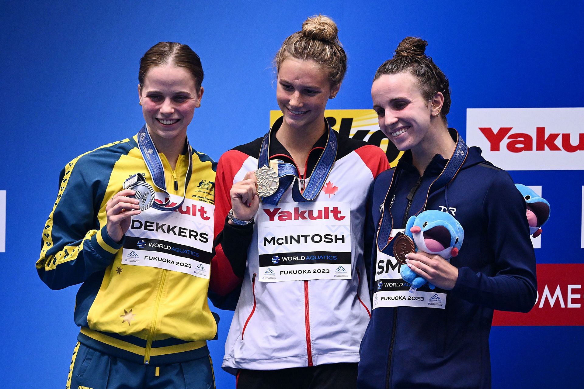 Summer McIntosh, Elizabeth Dekkers, and Regan Smith at Fukuoka 2023 World Aquatics Championships: Swimming - Day 5