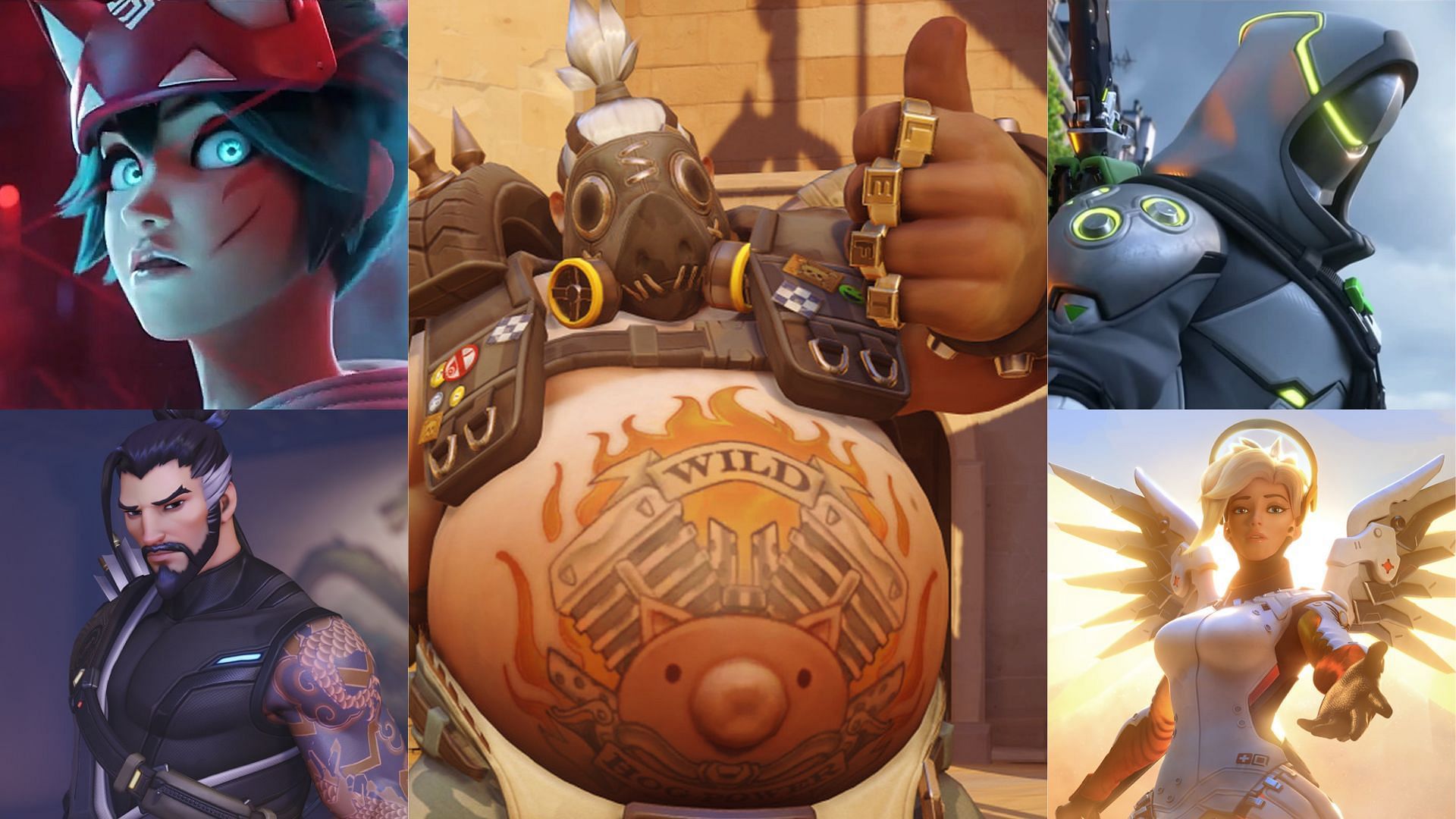 Team comp with Roadhog, Hanzo, Genji, Mercy, and Kiriko (Image via Sportskeeda/Blizzard)